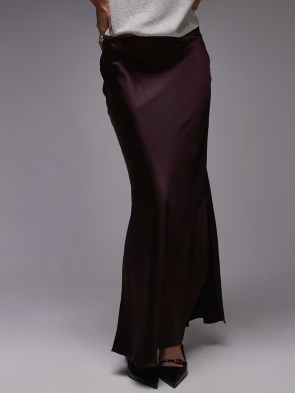 Mango Burgundy Satin Maxi Skirt with Side Slit - Small